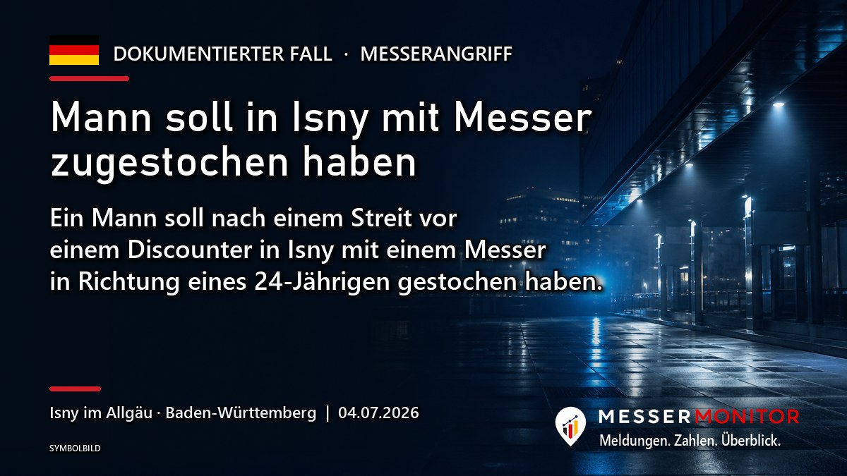 Titelgrafik: Mann soll in Isny mit Messer zugestochen haben. Ein Mann soll nach einem Streit vor einem Discounter in Isny mit einem Messer in Richtung eines 24-Jährigen gestochen haben..