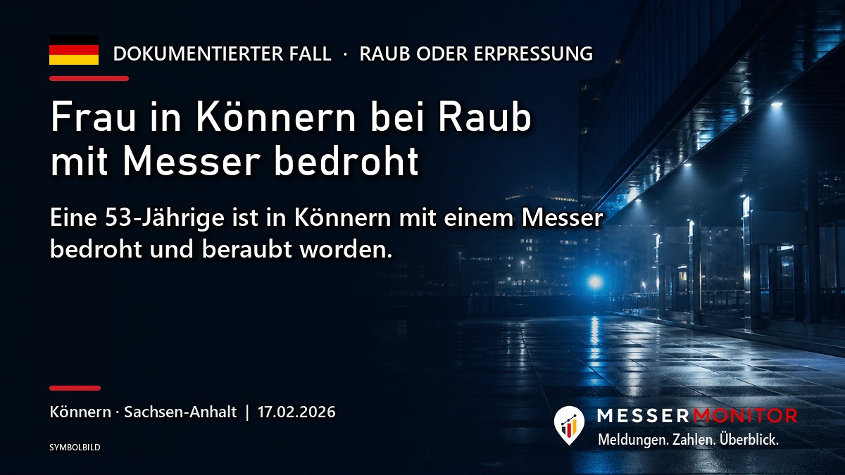 Titelgrafik: Frau in Könnern bei Raub mit Messer bedroht. Eine 53-Jährige ist in Könnern mit einem Messer bedroht und beraubt worden..