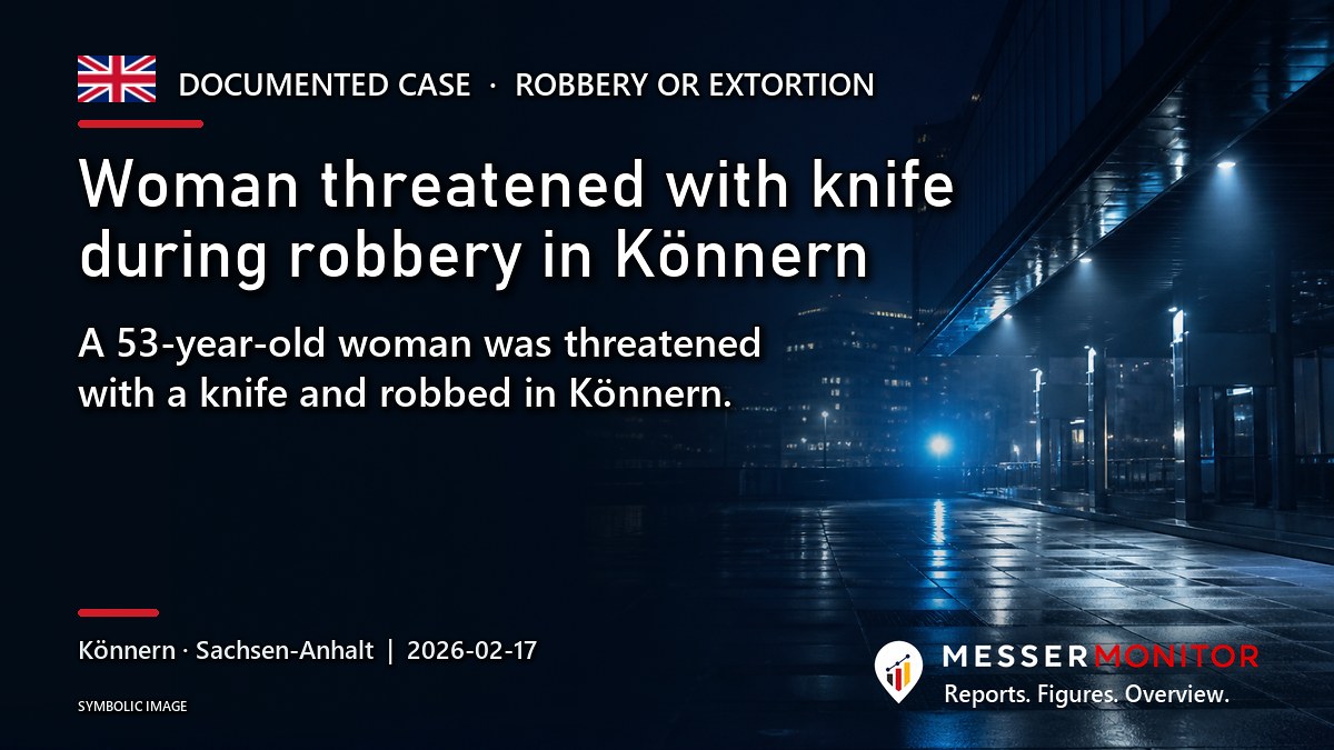 Title image: Woman threatened with knife during robbery in Könnern. A 53-year-old woman was threatened with a knife and robbed in Könnern..