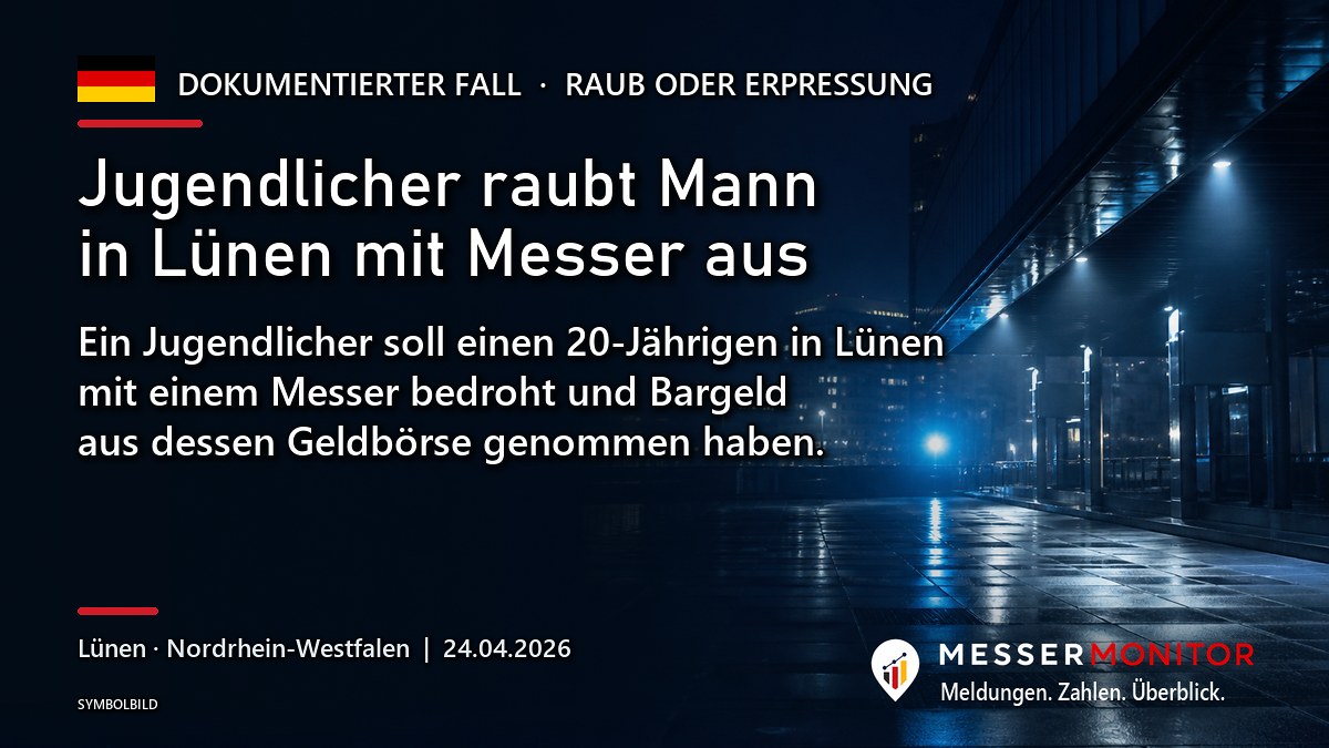 Titelgrafik: Jugendlicher raubt Mann in Lünen mit Messer aus. Ein Jugendlicher soll einen 20-Jährigen in Lünen mit einem Messer bedroht und Bargeld aus dessen Geldbörse genommen haben..