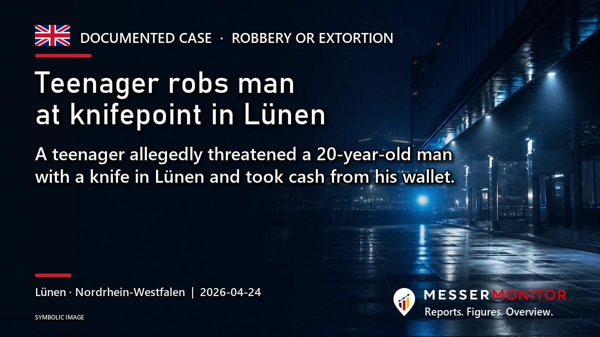 Title image: Teenager robs man at knifepoint in Lünen. A teenager allegedly threatened a 20-year-old man with a knife in Lünen and took cash from his wallet..