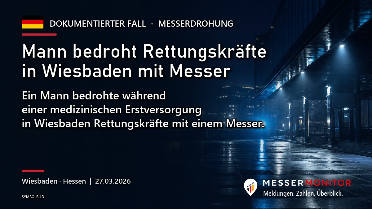 Titelgrafik: Mann bedroht Rettungskräfte in Wiesbaden mit Messer. Ein Mann bedrohte während einer medizinischen Erstversorgung in Wiesbaden Rettungskräfte mit einem Messer..