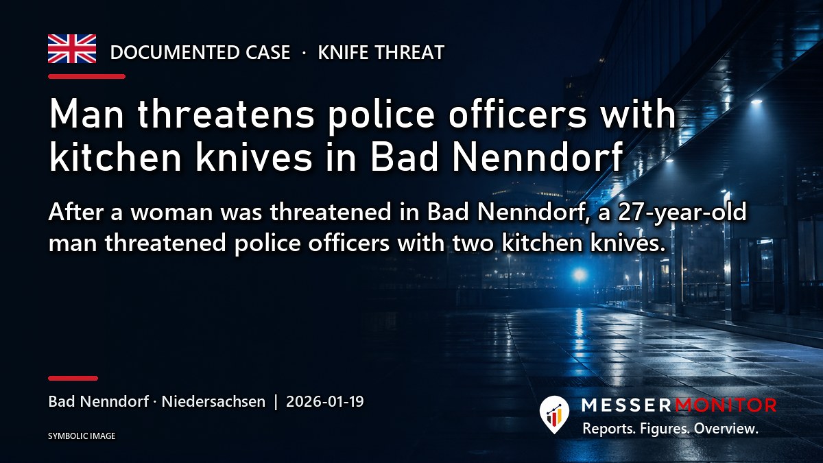 Title image: Man threatens police officers with kitchen knives in Bad Nenndorf. After a woman was threatened in Bad Nenndorf, a 27-year-old man threatened police officers with two kitchen knives..