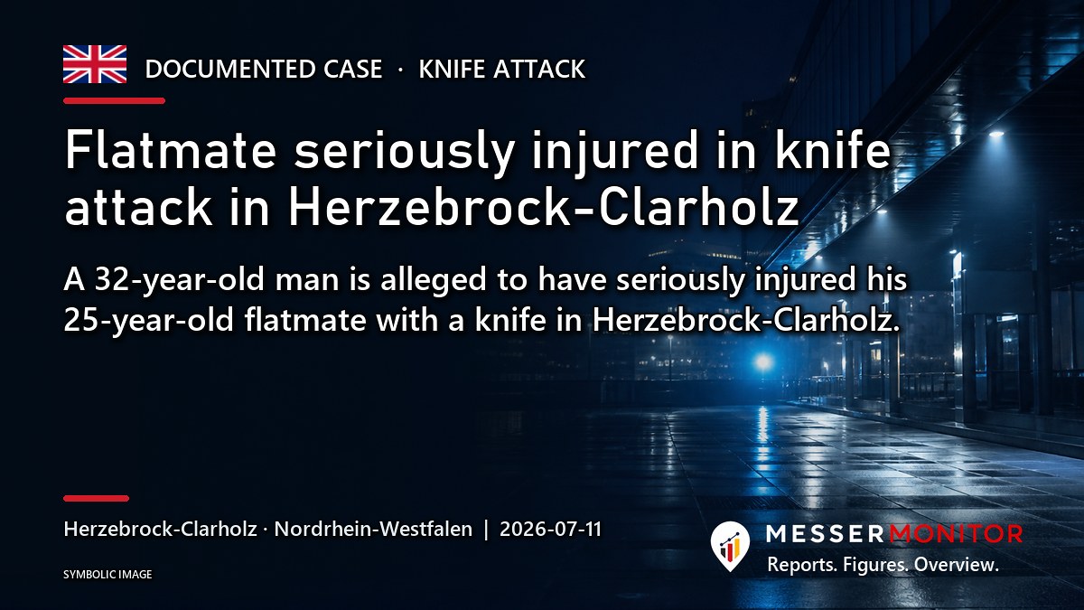 Title image: Flatmate seriously injured in knife attack in Herzebrock-Clarholz. A 32-year-old man is alleged to have seriously injured his 25-year-old flatmate with a knife in Herzebrock-Clarholz..
