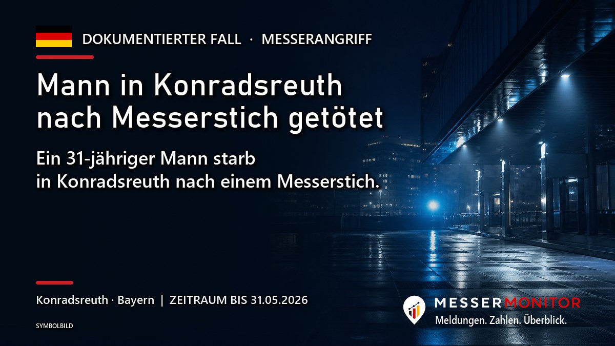 Titelgrafik: Mann in Konradsreuth nach Messerstich getötet. Ein 31-jähriger Mann starb in Konradsreuth nach einem Messerstich..