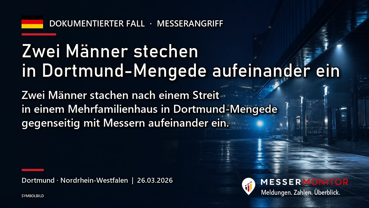 Titelgrafik: Zwei Männer stechen in Dortmund-Mengede aufeinander ein. Zwei Männer stachen nach einem Streit in einem Mehrfamilienhaus in Dortmund-Mengede gegenseitig mit Messern aufeinander ein..