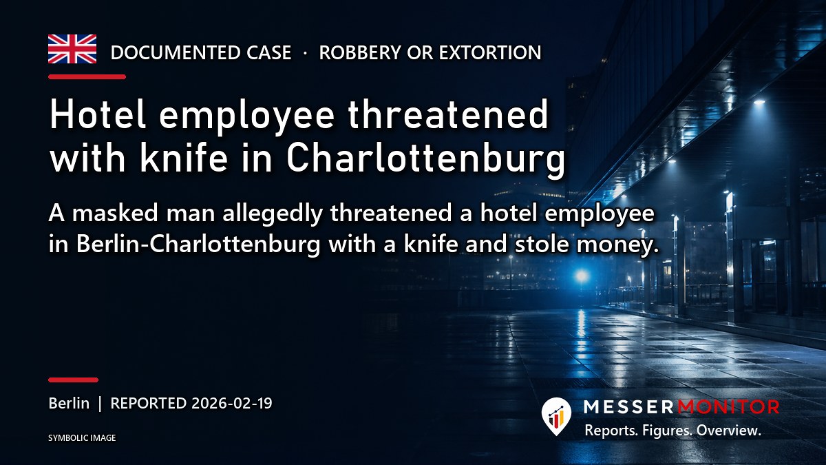 Title image: Hotel employee threatened with knife in Charlottenburg. A masked man allegedly threatened a hotel employee in Berlin-Charlottenburg with a knife and stole money..