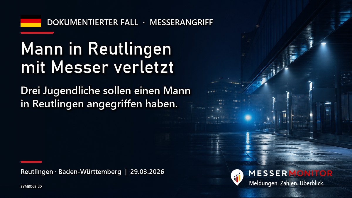 Titelgrafik: Mann in Reutlingen mit Messer verletzt. Drei Jugendliche sollen einen Mann in Reutlingen angegriffen haben..