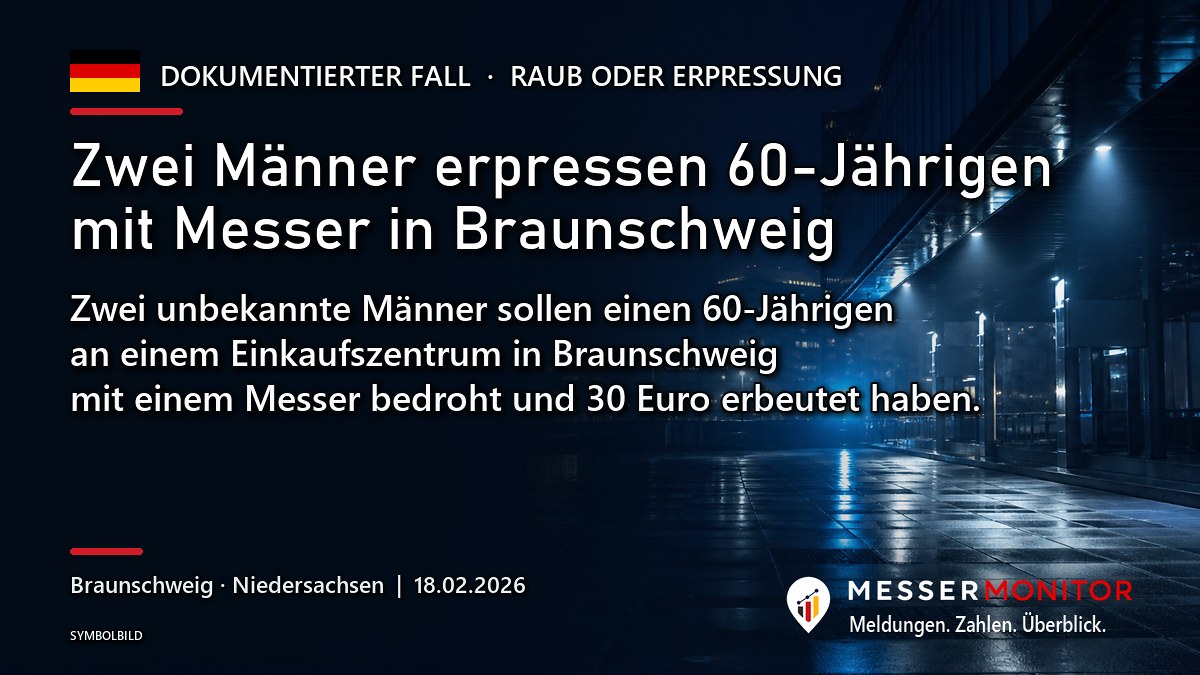 Titelgrafik: Zwei Männer erpressen 60-Jährigen mit Messer in Braunschweig. Zwei unbekannte Männer sollen einen 60-Jährigen an einem Einkaufszentrum in Braunschweig mit einem Messer bedroht und 30 Euro erbeutet haben..