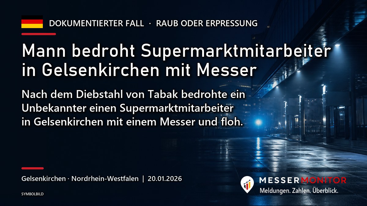 Titelgrafik: Mann bedroht Supermarktmitarbeiter in Gelsenkirchen mit Messer. Nach dem Diebstahl von Tabak bedrohte ein Unbekannter einen Supermarktmitarbeiter in Gelsenkirchen mit einem Messer und floh..