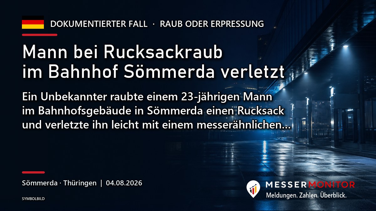 Titelgrafik: Mann bei Rucksackraub im Bahnhof Sömmerda verletzt. Ein Unbekannter raubte einem 23-jährigen Mann im Bahnhofsgebäude in Sömmerda einen Rucksack und verletzte ihn leicht mit einem messerähnlichen….