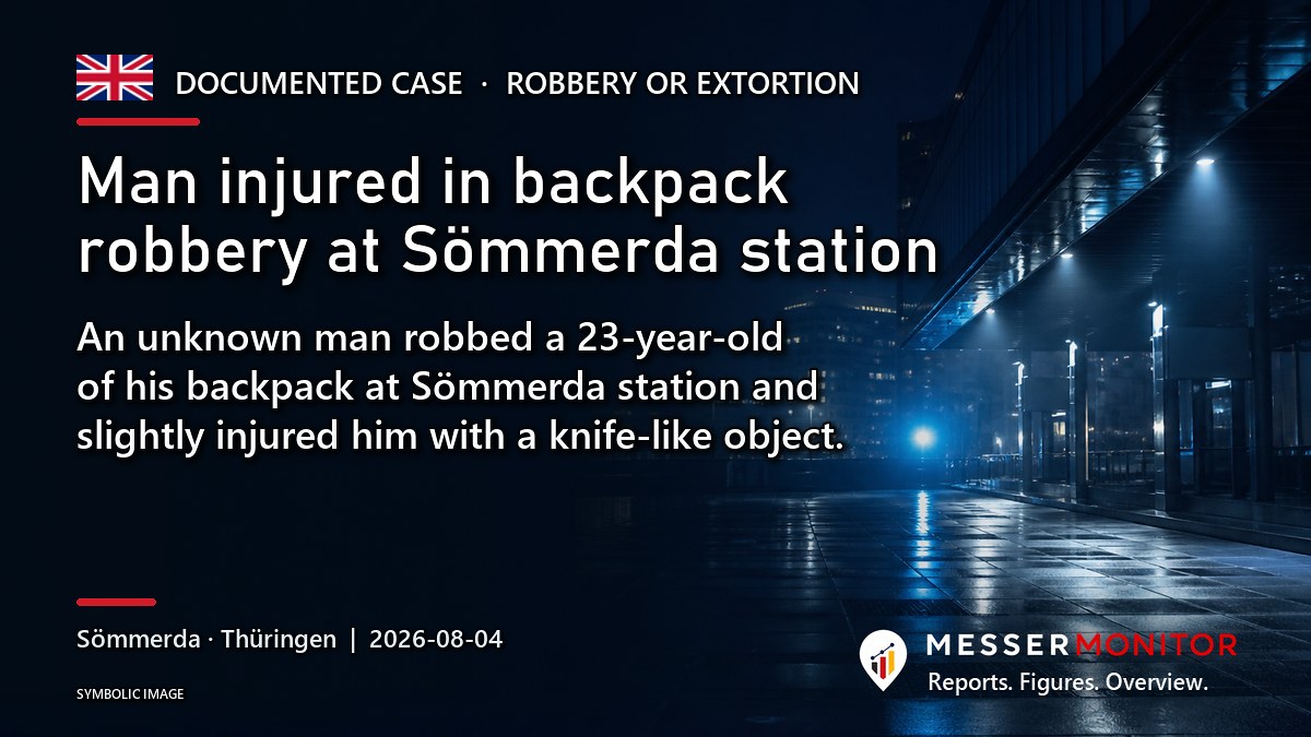 Title image: Man injured in backpack robbery at Sömmerda station. An unknown man robbed a 23-year-old of his backpack at Sömmerda station and slightly injured him with a knife-like object..