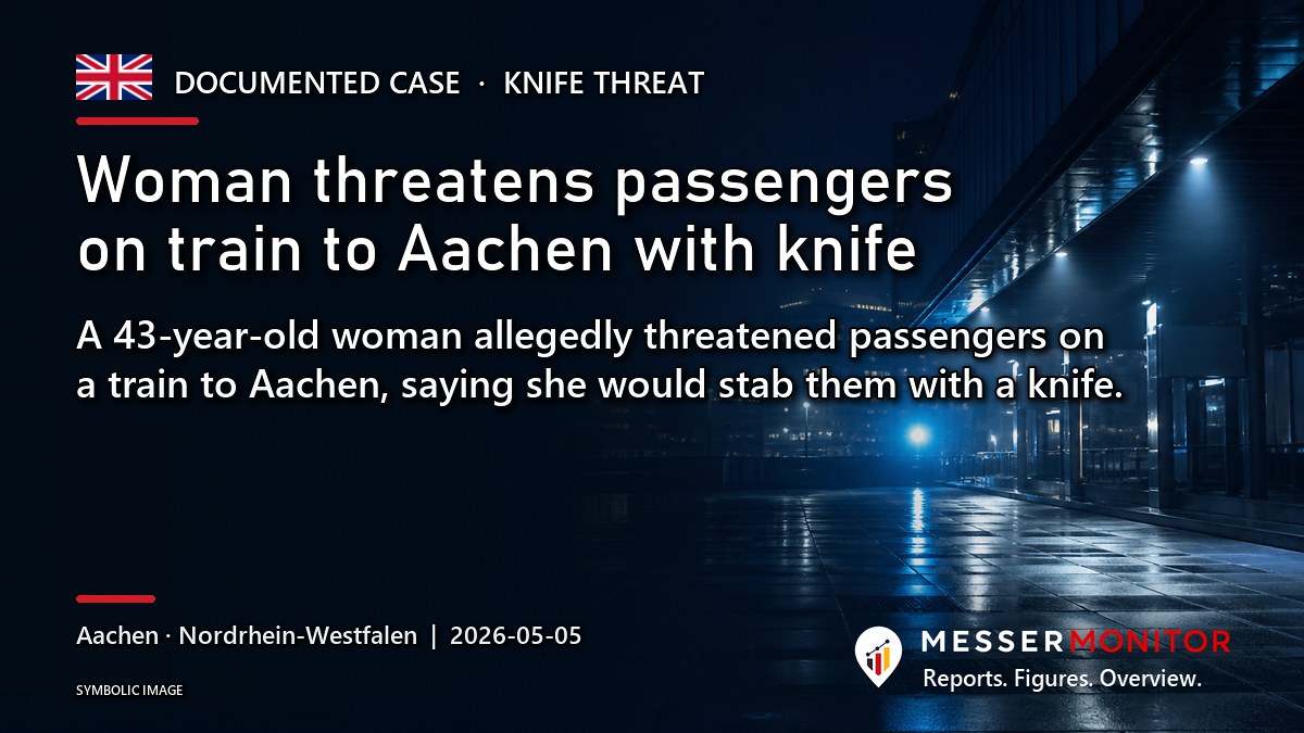 Title image: Woman threatens passengers on train to Aachen with knife. A 43-year-old woman allegedly threatened passengers on a train to Aachen, saying she would stab them with a knife..