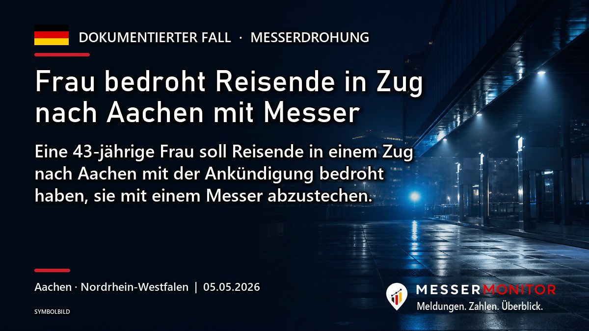Titelgrafik: Frau bedroht Reisende in Zug nach Aachen mit Messer. Eine 43-jährige Frau soll Reisende in einem Zug nach Aachen mit der Ankündigung bedroht haben, sie mit einem Messer abzustechen..