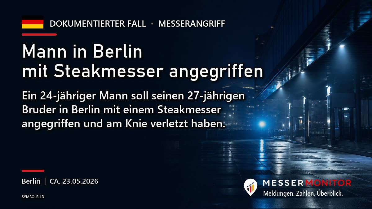 Titelgrafik: Mann in Berlin mit Steakmesser angegriffen. Ein 24-jähriger Mann soll seinen 27-jährigen Bruder in Berlin mit einem Steakmesser angegriffen und am Knie verletzt haben..