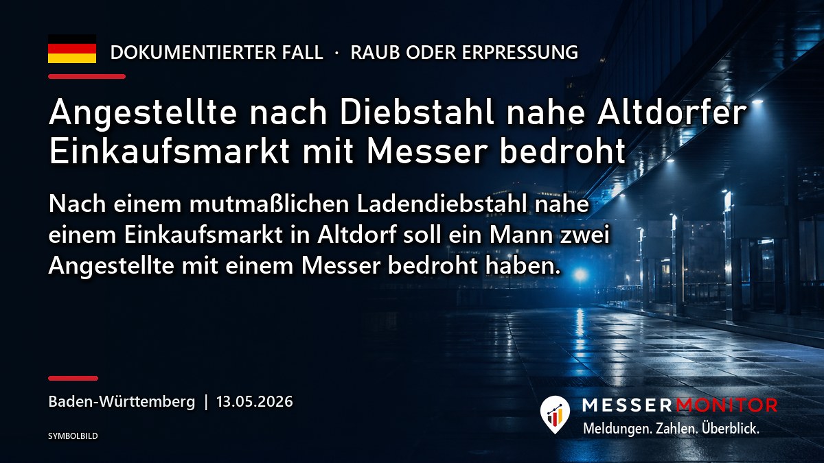 Titelgrafik: Angestellte nach Diebstahl nahe Altdorfer Einkaufsmarkt mit Messer bedroht. Nach einem mutmaßlichen Ladendiebstahl nahe einem Einkaufsmarkt in Altdorf soll ein Mann zwei Angestellte mit einem Messer bedroht haben..
