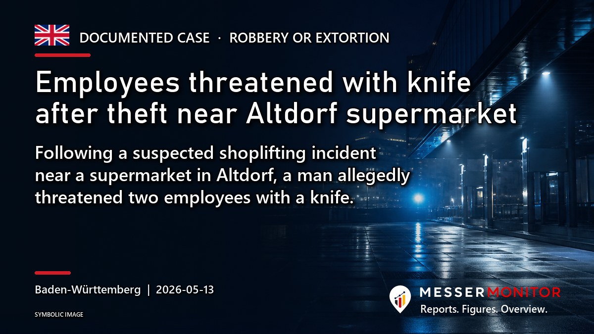 Title image: Employees threatened with knife after theft near Altdorf supermarket. Following a suspected shoplifting incident near a supermarket in Altdorf, a man allegedly threatened two employees with a knife..