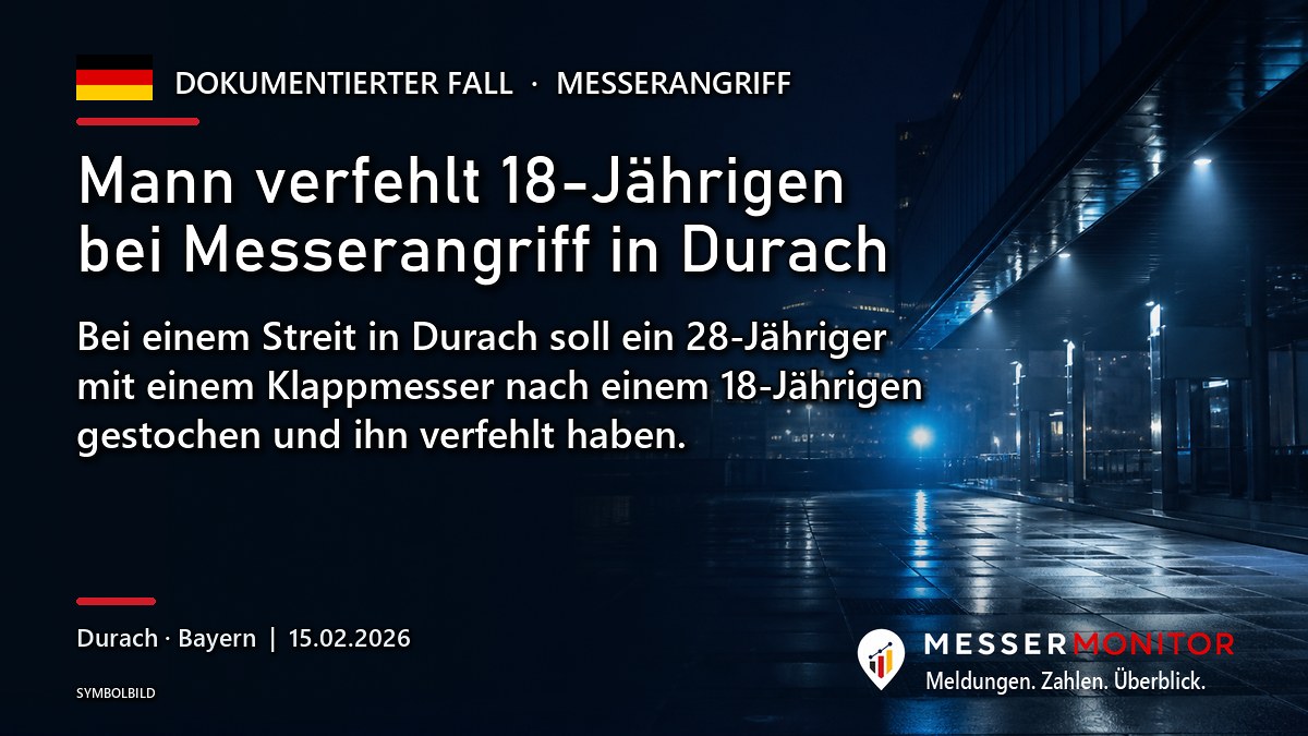 Titelgrafik: Mann verfehlt 18-Jährigen bei Messerangriff in Durach. Bei einem Streit in Durach soll ein 28-Jähriger mit einem Klappmesser nach einem 18-Jährigen gestochen und ihn verfehlt haben..