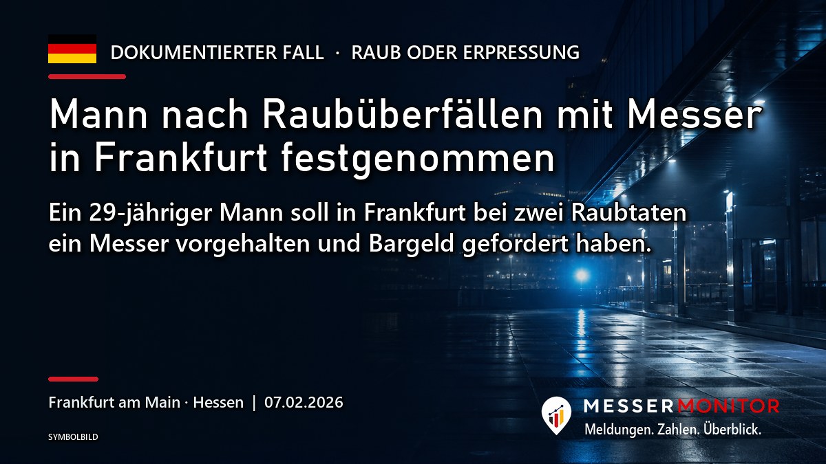 Titelgrafik: Mann nach Raubüberfällen mit Messer in Frankfurt festgenommen. Ein 29-jähriger Mann soll in Frankfurt bei zwei Raubtaten ein Messer vorgehalten und Bargeld gefordert haben..