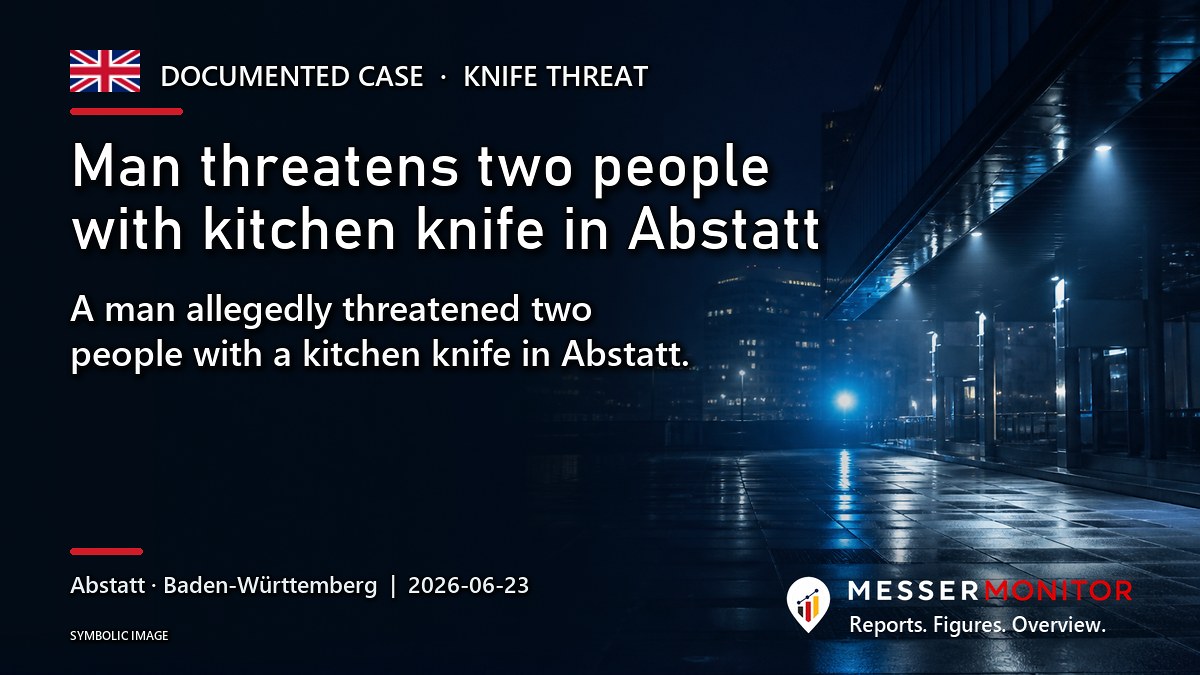 Title image: Man threatens two people with kitchen knife in Abstatt. A man allegedly threatened two people with a kitchen knife in Abstatt..