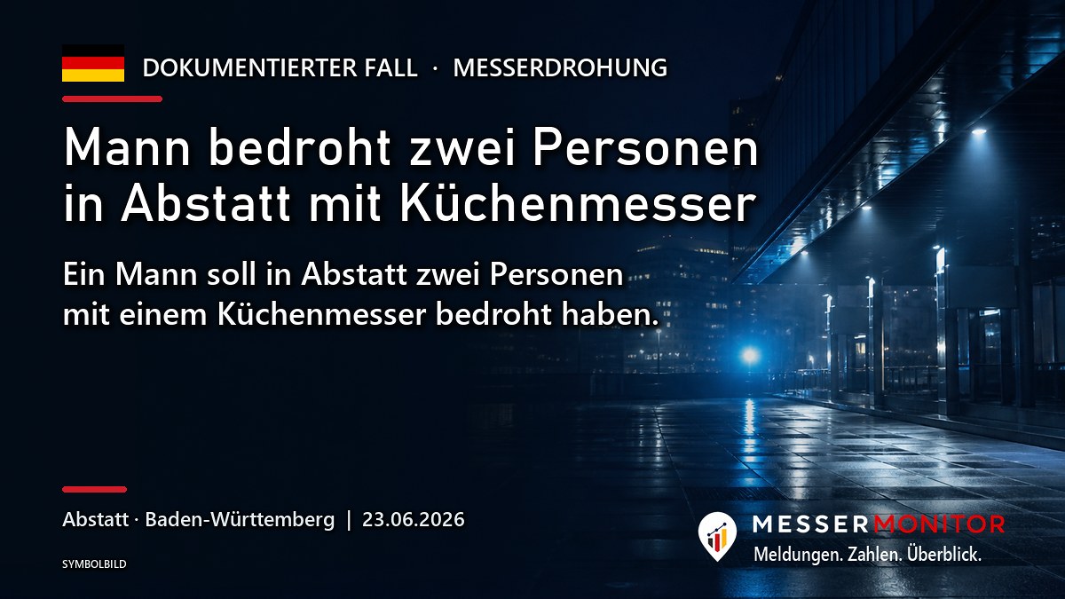 Titelgrafik: Mann bedroht zwei Personen in Abstatt mit Küchenmesser. Ein Mann soll in Abstatt zwei Personen mit einem Küchenmesser bedroht haben..