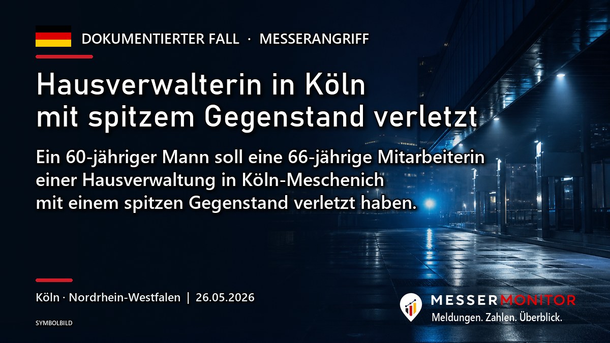 Titelgrafik: Hausverwalterin in Köln mit spitzem Gegenstand verletzt. Ein 60-jähriger Mann soll eine 66-jährige Mitarbeiterin einer Hausverwaltung in Köln-Meschenich mit einem spitzen Gegenstand verletzt haben..