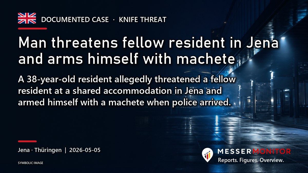 Title image: Man threatens fellow resident in Jena and arms himself with machete. A 38-year-old resident allegedly threatened a fellow resident at a shared accommodation in Jena and armed himself with a machete when police arrived..