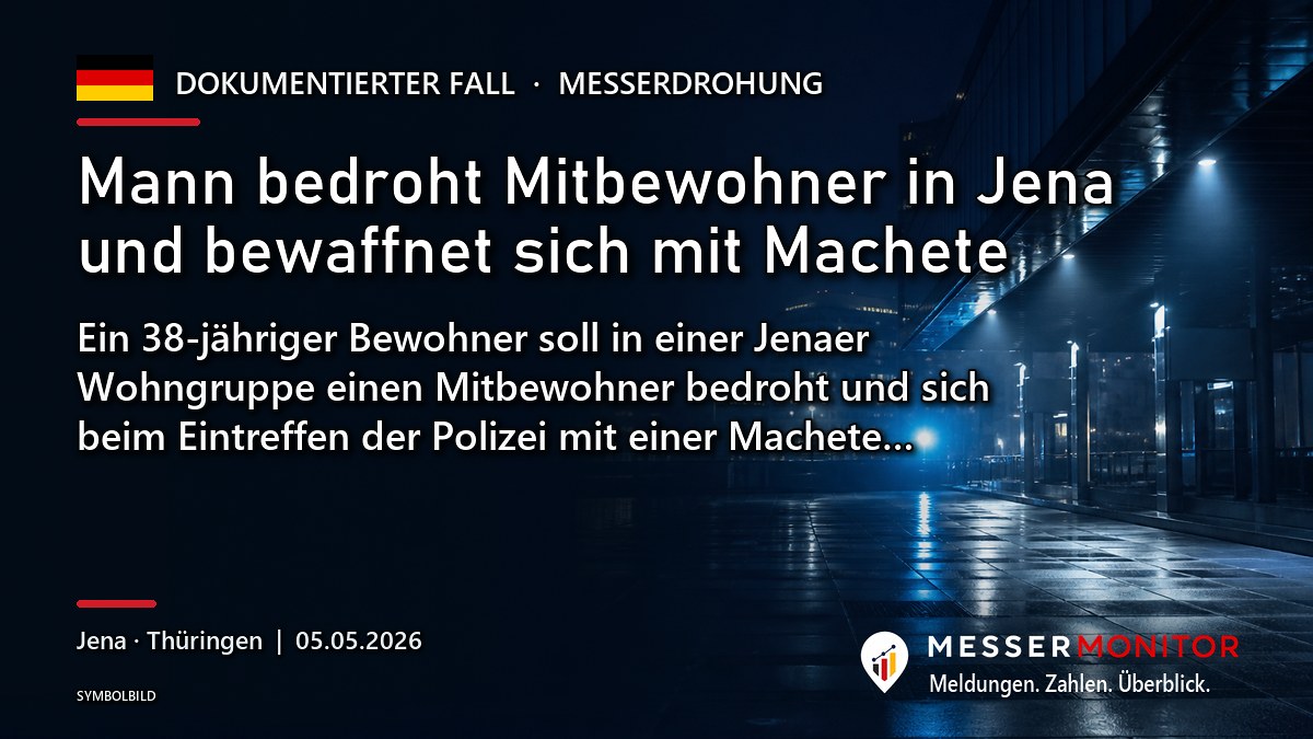 Titelgrafik: Mann bedroht Mitbewohner in Jena und bewaffnet sich mit Machete. Ein 38-jähriger Bewohner soll in einer Jenaer Wohngruppe einen Mitbewohner bedroht und sich beim Eintreffen der Polizei mit einer Machete….