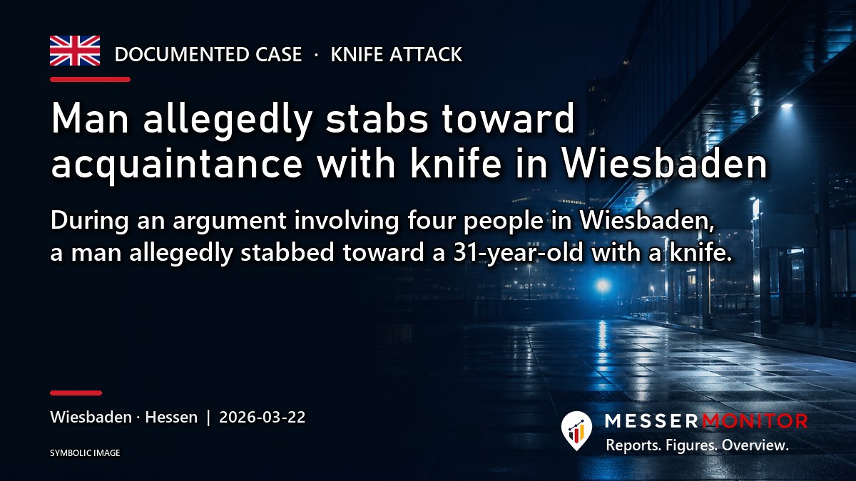 Title image: Man allegedly stabs toward acquaintance with knife in Wiesbaden. During an argument involving four people in Wiesbaden, a man allegedly stabbed toward a 31-year-old with a knife..