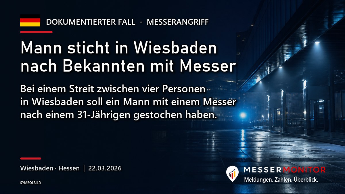 Titelgrafik: Mann sticht in Wiesbaden nach Bekannten mit Messer. Bei einem Streit zwischen vier Personen in Wiesbaden soll ein Mann mit einem Messer nach einem 31-Jährigen gestochen haben..