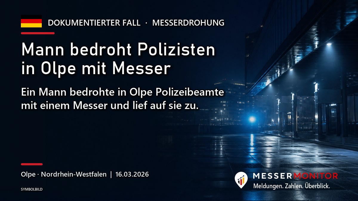 Titelgrafik: Mann bedroht Polizisten in Olpe mit Messer. Ein Mann bedrohte in Olpe Polizeibeamte mit einem Messer und lief auf sie zu..