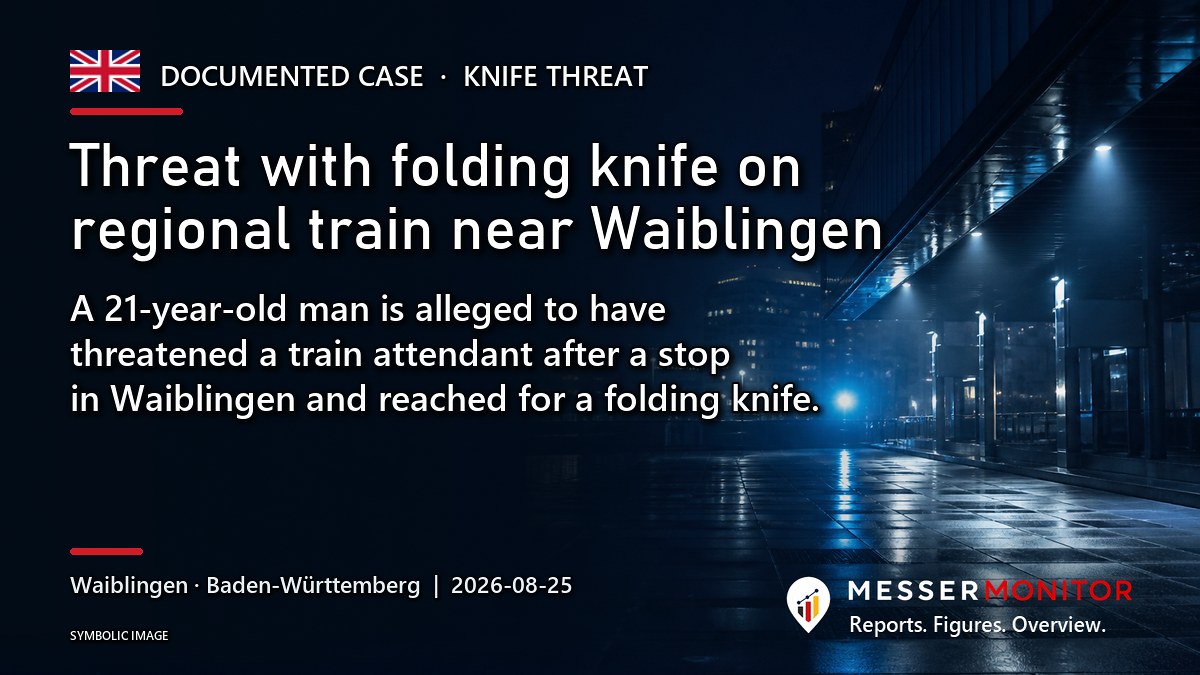 Title image: Threat with folding knife on regional train near Waiblingen. A 21-year-old man is alleged to have threatened a train attendant after a stop in Waiblingen and reached for a folding knife..