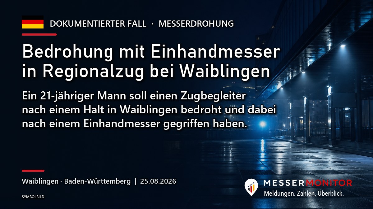 Titelgrafik: Bedrohung mit Einhandmesser in Regionalzug bei Waiblingen. Ein 21-jähriger Mann soll einen Zugbegleiter nach einem Halt in Waiblingen bedroht und dabei nach einem Einhandmesser gegriffen haben..