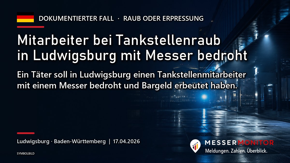 Titelgrafik: Mitarbeiter bei Tankstellenraub in Ludwigsburg mit Messer bedroht. Ein Täter soll in Ludwigsburg einen Tankstellenmitarbeiter mit einem Messer bedroht und Bargeld erbeutet haben..