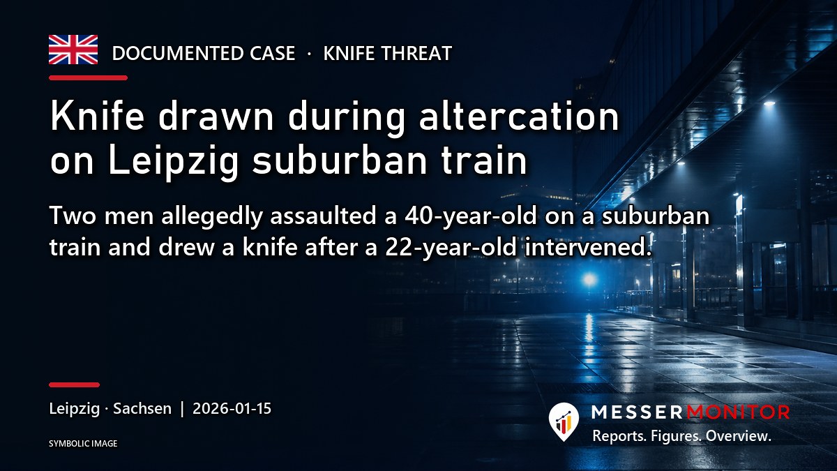 Title image: Knife drawn during altercation on Leipzig suburban train. Two men allegedly assaulted a 40-year-old on a suburban train and drew a knife after a 22-year-old intervened..