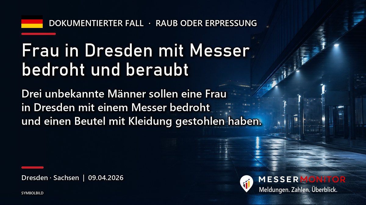 Titelgrafik: Frau in Dresden mit Messer bedroht und beraubt. Drei unbekannte Männer sollen eine Frau in Dresden mit einem Messer bedroht und einen Beutel mit Kleidung gestohlen haben..