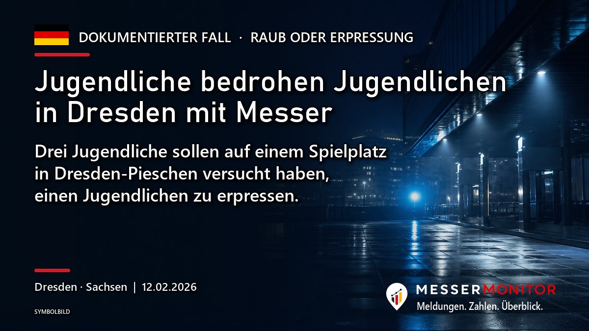 Titelgrafik: Jugendliche bedrohen Jugendlichen in Dresden mit Messer. Drei Jugendliche sollen auf einem Spielplatz in Dresden-Pieschen versucht haben, einen Jugendlichen zu erpressen..