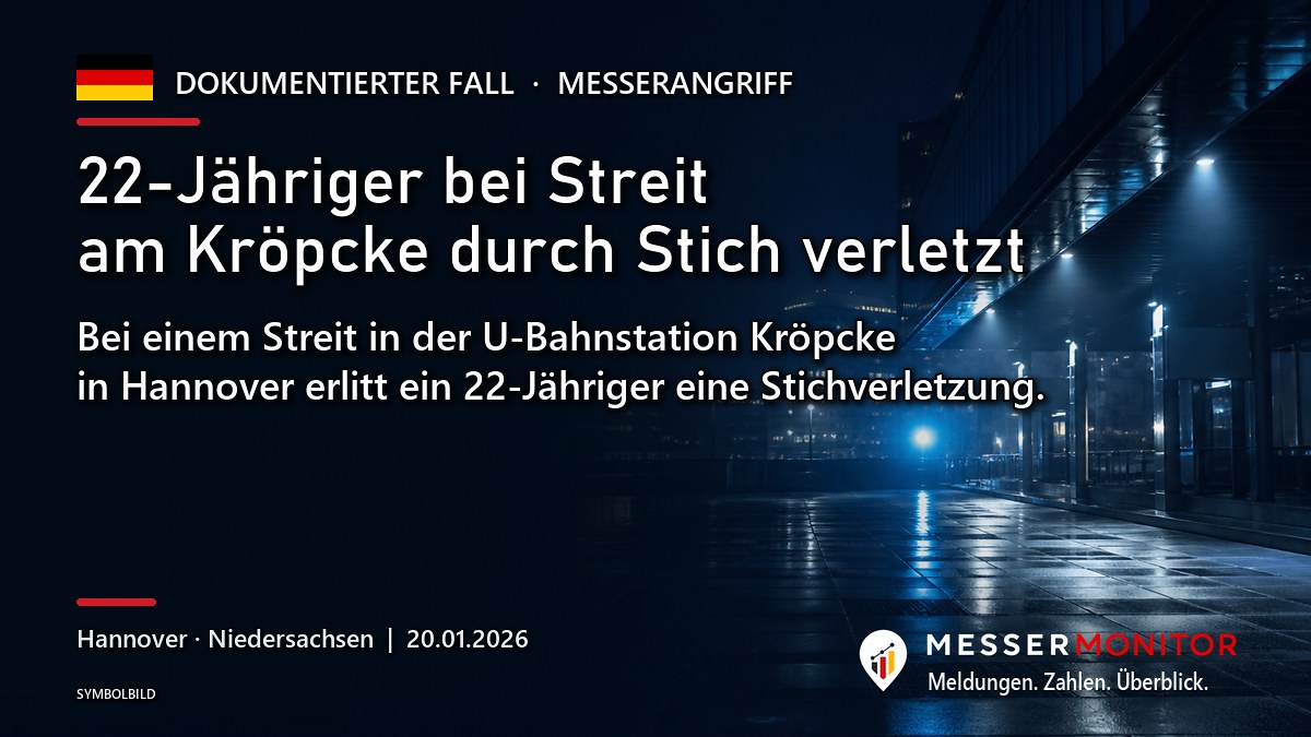 Titelgrafik: 22-Jähriger bei Streit am Kröpcke durch Stich verletzt. Bei einem Streit in der U-Bahnstation Kröpcke in Hannover erlitt ein 22-Jähriger eine Stichverletzung..
