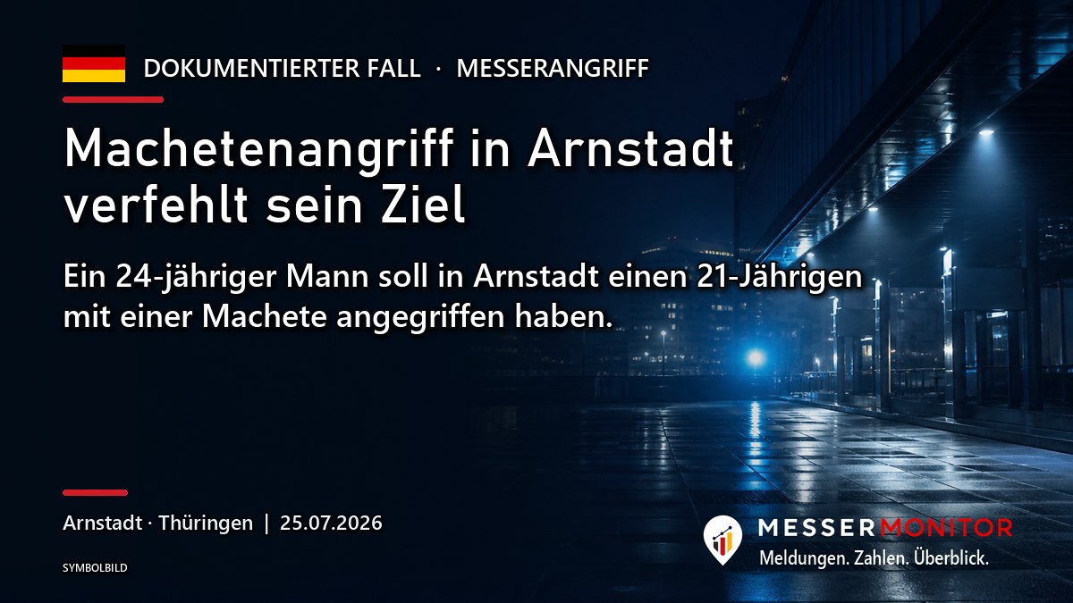 Titelgrafik: Machetenangriff in Arnstadt verfehlt sein Ziel. Ein 24-jähriger Mann soll in Arnstadt einen 21-Jährigen mit einer Machete angegriffen haben..