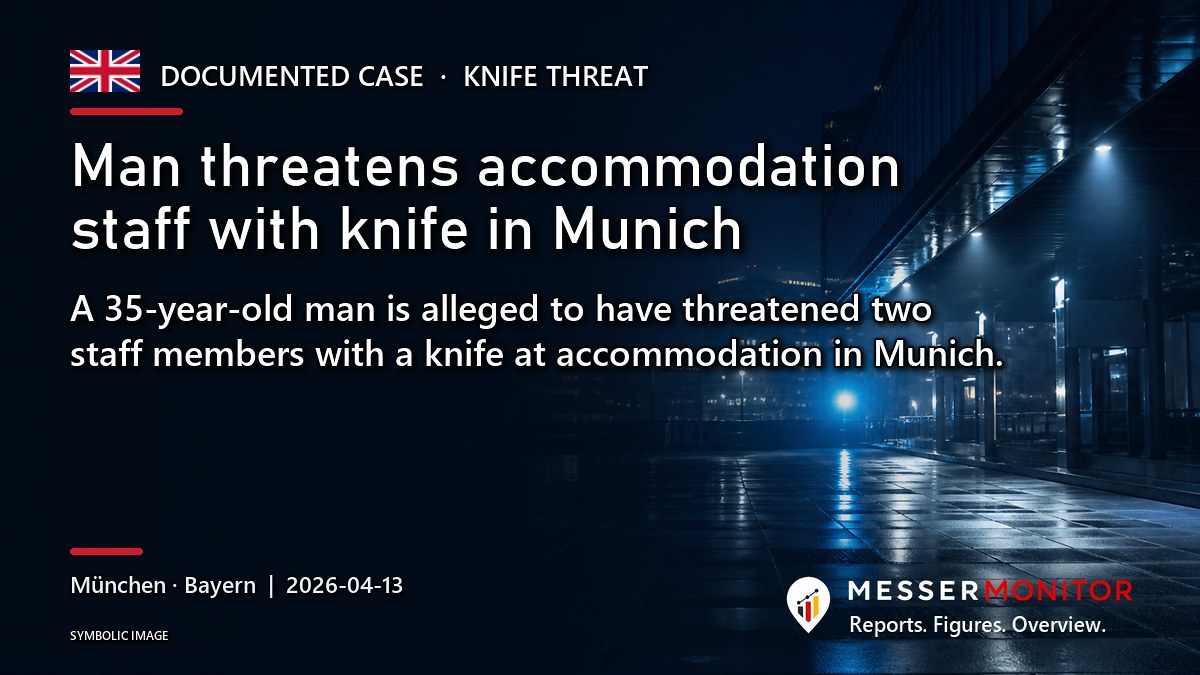 Title image: Man threatens accommodation staff with knife in Munich. A 35-year-old man is alleged to have threatened two staff members with a knife at accommodation in Munich..