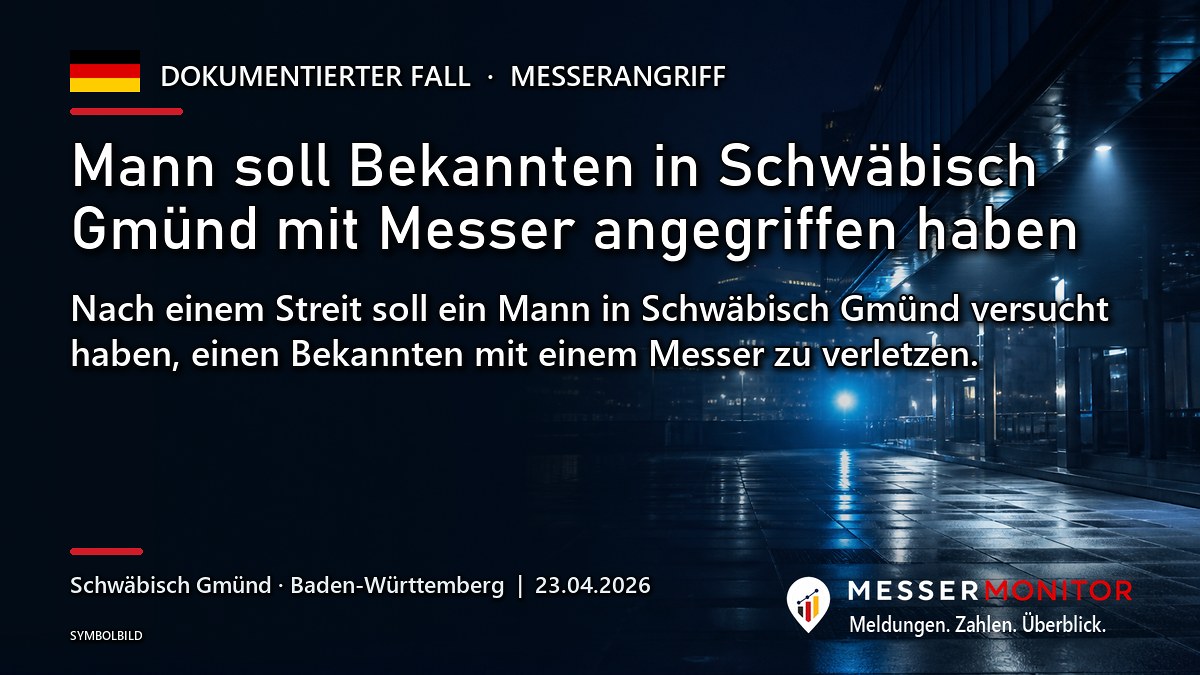 Titelgrafik: Mann soll Bekannten in Schwäbisch Gmünd mit Messer angegriffen haben. Nach einem Streit soll ein Mann in Schwäbisch Gmünd versucht haben, einen Bekannten mit einem Messer zu verletzen..