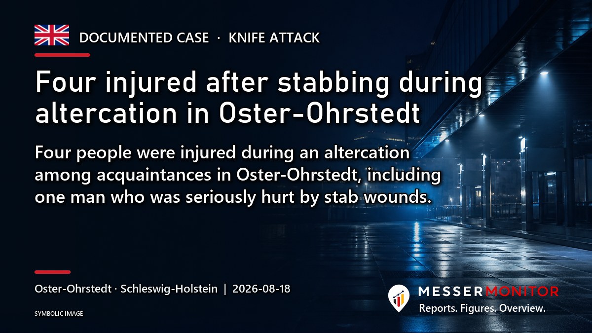 Title image: Four injured after stabbing during altercation in Oster-Ohrstedt. Four people were injured during an altercation among acquaintances in Oster-Ohrstedt, including one man who was seriously hurt by stab wounds..