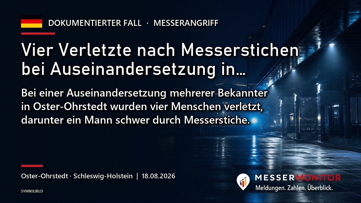Titelgrafik: Vier Verletzte nach Messerstichen bei Auseinandersetzung in…. Bei einer Auseinandersetzung mehrerer Bekannter in Oster-Ohrstedt wurden vier Menschen verletzt, darunter ein Mann schwer durch Messerstiche..