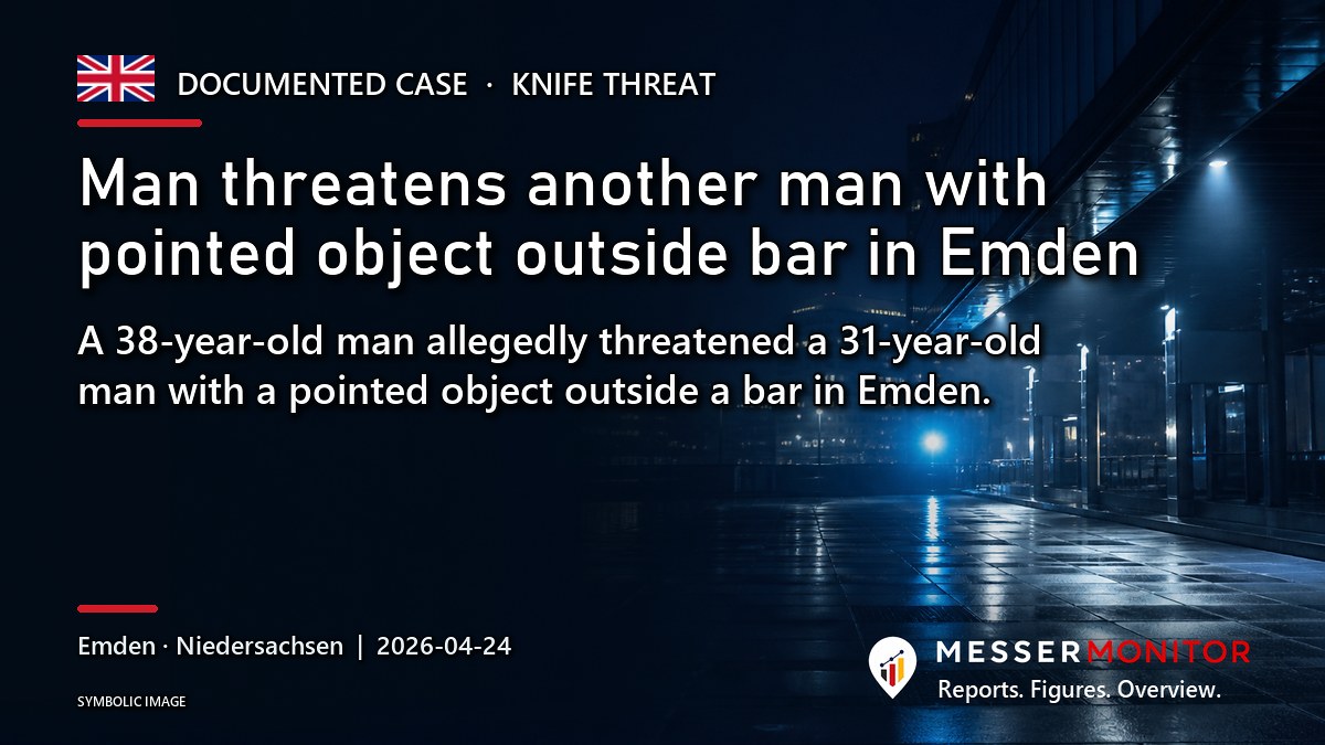 Title image: Man threatens another man with pointed object outside bar in Emden. A 38-year-old man allegedly threatened a 31-year-old man with a pointed object outside a bar in Emden..