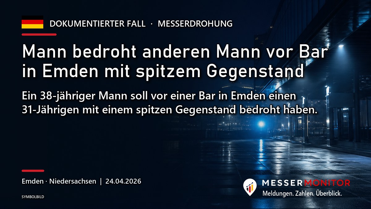 Titelgrafik: Mann bedroht anderen Mann vor Bar in Emden mit spitzem Gegenstand. Ein 38-jähriger Mann soll vor einer Bar in Emden einen 31-Jährigen mit einem spitzen Gegenstand bedroht haben..