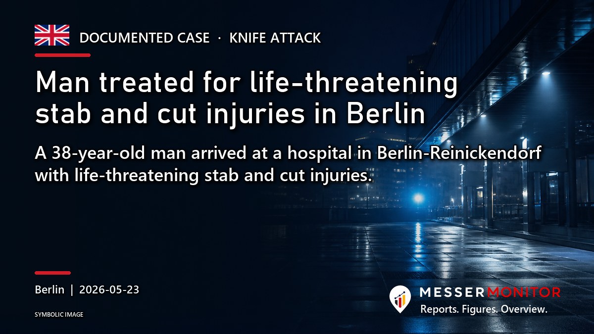 Title image: Man treated for life-threatening stab and cut injuries in Berlin. A 38-year-old man arrived at a hospital in Berlin-Reinickendorf with life-threatening stab and cut injuries..