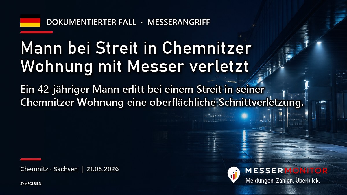 Titelgrafik: Mann bei Streit in Chemnitzer Wohnung mit Messer verletzt. Ein 42-jähriger Mann erlitt bei einem Streit in seiner Chemnitzer Wohnung eine oberflächliche Schnittverletzung..