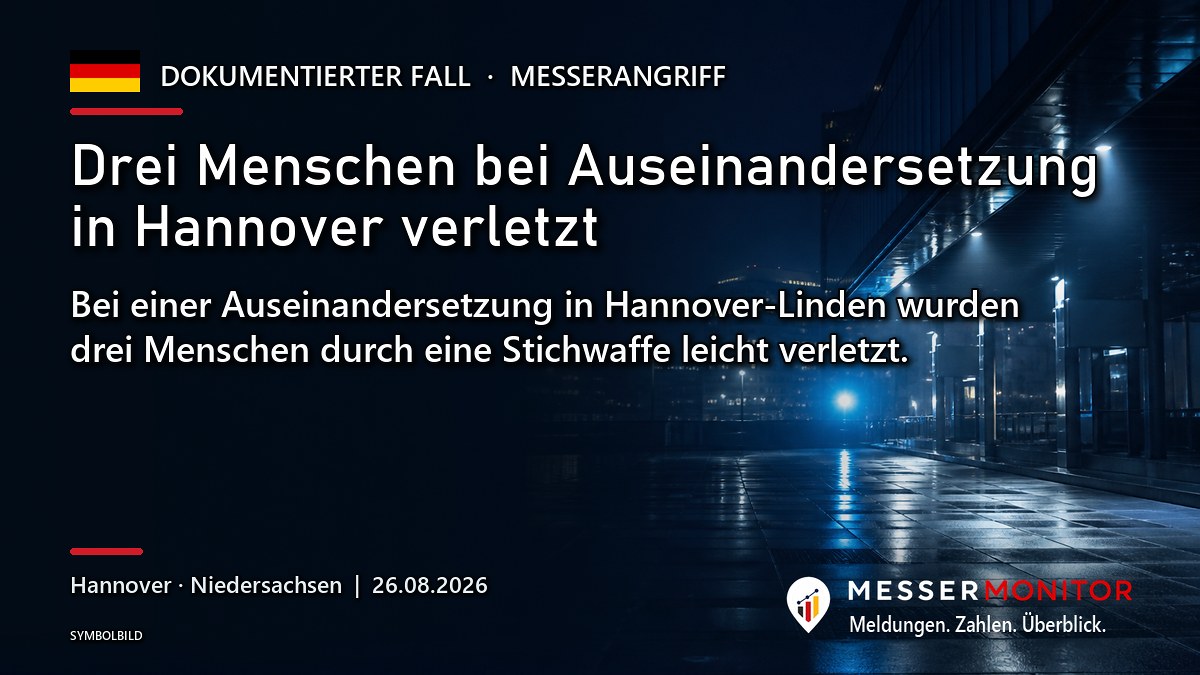 Titelgrafik: Drei Menschen bei Auseinandersetzung in Hannover verletzt. Bei einer Auseinandersetzung in Hannover-Linden wurden drei Menschen durch eine Stichwaffe leicht verletzt..