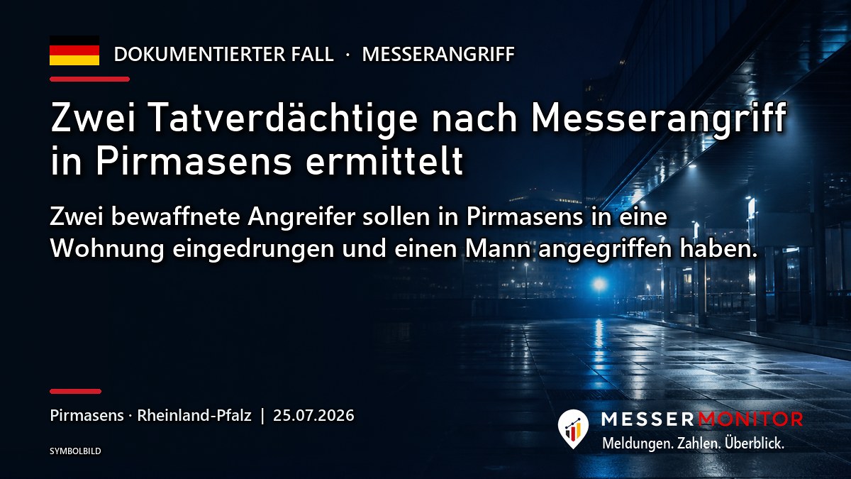 Titelgrafik: Zwei Tatverdächtige nach Messerangriff in Pirmasens ermittelt. Zwei bewaffnete Angreifer sollen in Pirmasens in eine Wohnung eingedrungen und einen Mann angegriffen haben..