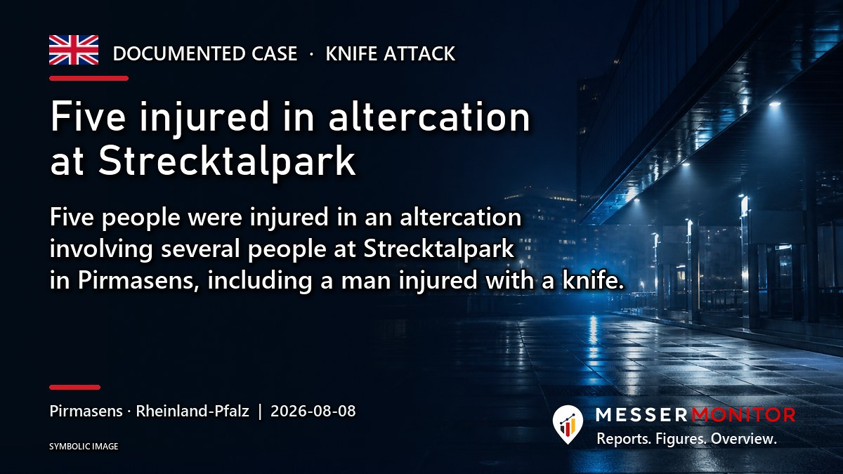 Title image: Five injured in altercation at Strecktalpark. Five people were injured in an altercation involving several people at Strecktalpark in Pirmasens, including a man injured with a knife..